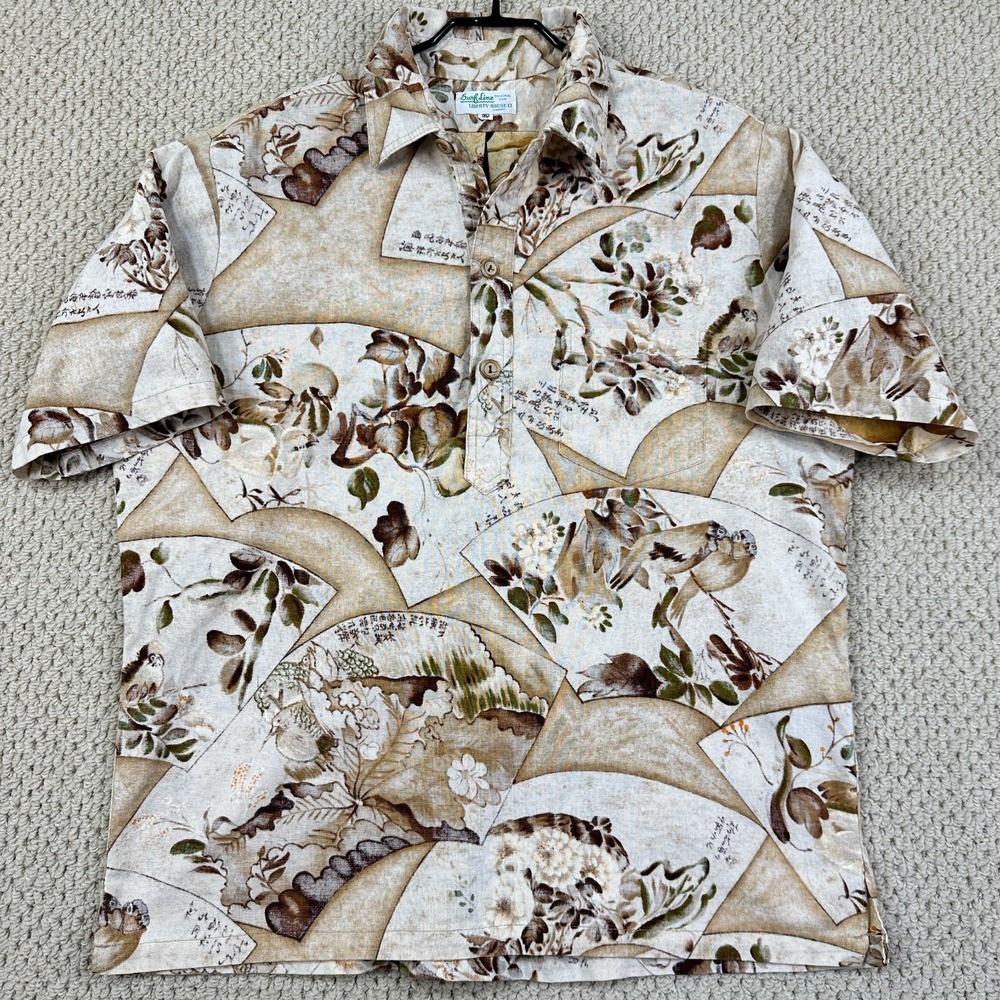 Vtg Surf Line Liberty House Shirt Mens XL Brown Songbirds Floral Reverse Popover